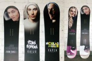 Prototypen von Snowboard-Decks für Team Rider Jan Scherrer, Ethan Morgan, Nicolas Müller und Silje Norendal
