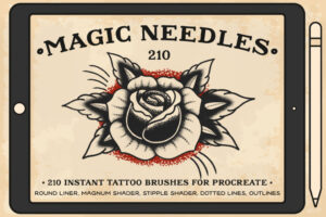 Magic Needle Brushes für Procreate – Sample of Use Beispielanwendung der Magic Needle Brushes für Procreate. Zeigt die Anwendung der verschiedenen Brush-Typen: Round Liner, Magnum Shader, Stipple Shader, Dotted Lines und Outlines im Oldschool Tattoo Style.