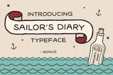 Preview der Schrift „Sailor’s Diary Sans“: Oldschool-Banner mit Text „Introducing Sailor’s Diary Typeface“ und Illustration einer Flaschenpost im Meer im Tattoo-Style.