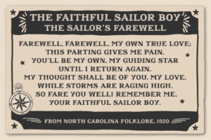 Posterlayout mit Bannern, Sternen und Kompass im Traditional Tattoo Design. Text: „The Faithful Sailor Boy – The Sailor’s Farewell … Farewell, farewell, my own true love; This parting gives me pain … From North Carolina Folklore, 1920.“ Schriftart: Sailor’s Diary Title Slab.
