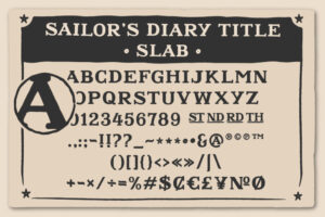 Sailor’s Diary Title Slab – Alphabet, Sonderzeichen & Zahlen Schrift „Sailor’s Diary Title Slab“ mit A–Z, Satzzeichen, Sonderzeichen und Zahlen als Illustrator-Screenshot.