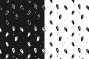 Seamless Pattern Coffin Seamless Pattern Sarg mit Sternen zu Halloween, zeigt die nahtlosen Muster in hell auf dunkel und dunkel auf hell.