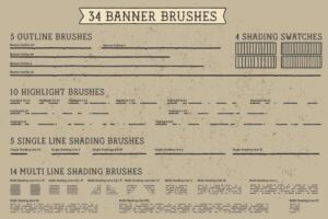 Flat Banner Creator – Brushes Flat Banner Creator Brushes: 34 Brushes bestehend aus Outline-Brushes, Highlight-Brushes, Single-Line und Multi-Line Shading Brushes sowie Shading Swatches. Für modulare und verzerrfreie Banner-Elemente einsetzbar.