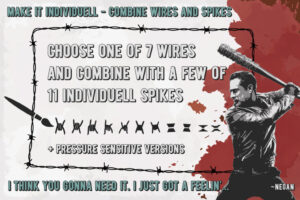 Lucille Barbed Wire Brushes – Variationen kombinieren Vektorisierte Illustration in Grautönen: Negan mit Lucille (Baseballschläger mit Stacheldraht) aus The Walking Dead, Szene ‚I think you gonna need it. I just got a feelin’…‘. Darstellung der Kombinationsmöglichkeit von Barbed Wire Brushes mit Spikes – 7 Basisdrähte, 11 Spike-Varianten.