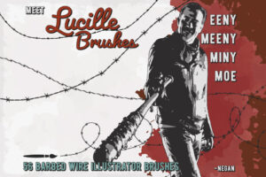Lucille Barbed Wire Brushes In Grautönen vektorisierte Illustration von Negan aus The Walking Dead mit Lucille (Baseballschläger mit Stacheldraht), in der ikonischen Szene ‚eeny meeny miny moe‘ beim Abzählen. Darstellung als Vektorzeichnung.