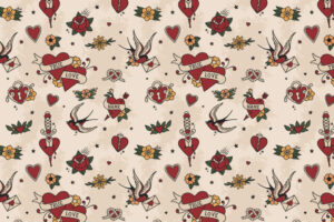 Seamless Pattern – Tattoo Love Edition Seamless Pattern „Tattoo Love Edition“ als Illustrator Vektor. Enthält Schwalben, Herzen, Dolche, Rosen und Blumen im traditionellen Tattoo-Stil.