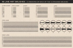 Tattoo Line Art Brushes – Detailansicht Standard Brushes Detailansicht der Tattoo Line Art Standard Brushes für Adobe Illustrator. 96 Brushes insgesamt, dargestellt in 8 Varianten der 12 Basis-Brushes.