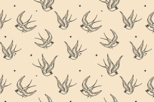 Seamless Pattern – Schwalben Detailansicht Detailansicht eines Seamless Patterns mit Schwalben im Traditional Tattoo Style. Illustrator Vektor, wiederholbares Muster.