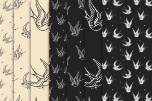 Seamless Pattern – Schwalben Anwendung Anwendung des Seamless Patterns mit Schwalben im Traditional Tattoo Style auf hellen und dunklen Hintergründen.