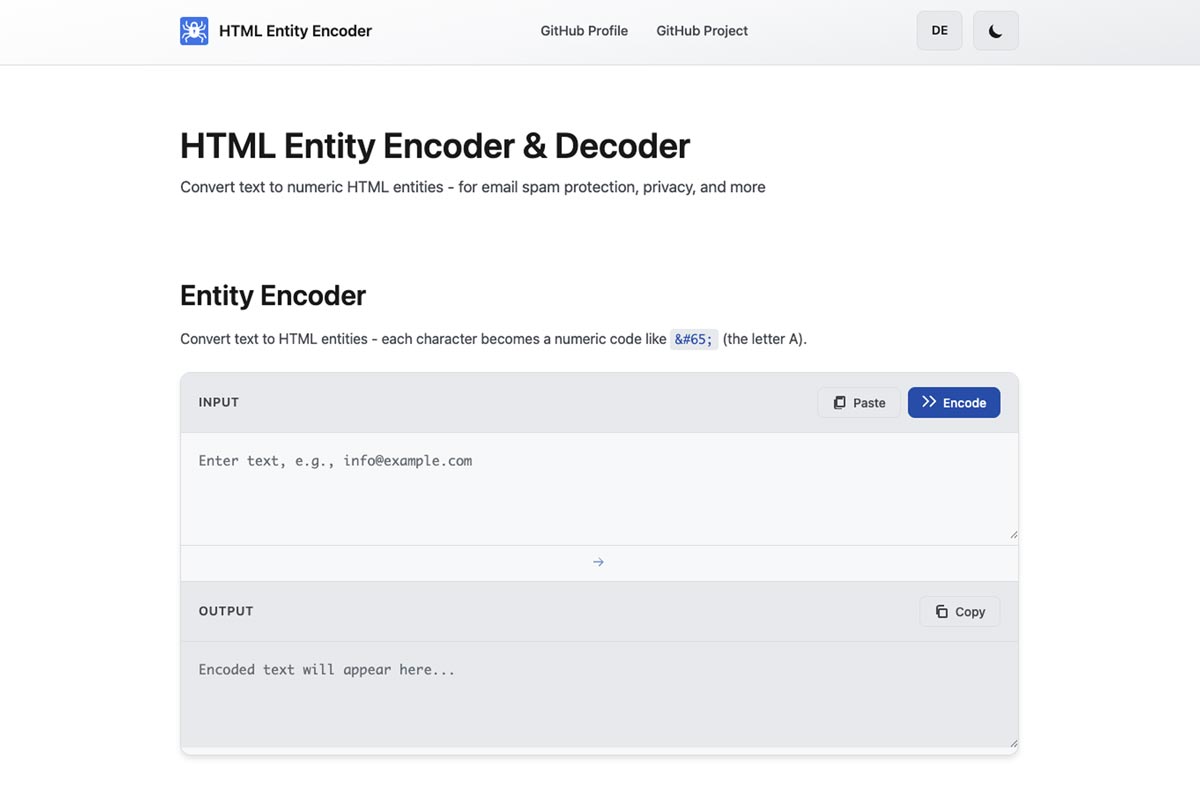 HTML Entity Encoder English Light Mode Preview